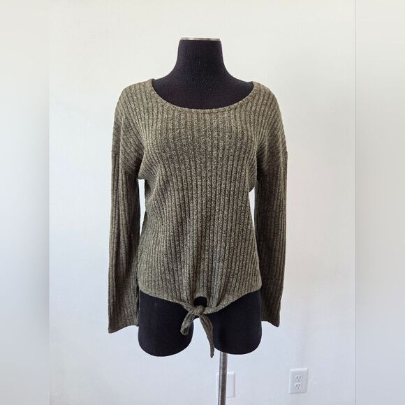 Green Ribknit Top Corset Tie Strappy Shirt Hippie Gypsy Casual Neutral Earthy - Picture 2 of 10